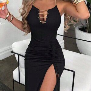 Black Sexy Women's Slimming Drawstring Halter Neck Dress With Side Slit